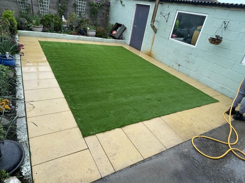 Buff Slabbed Patio with Steps and Artificial Grass in Lucan, Dublin (2)